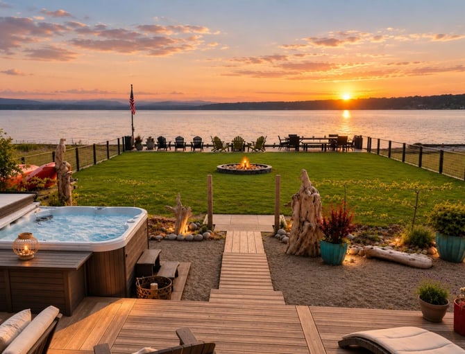 Lakeside backyard at sunset with hot tub, fire pit, Adirondack chairs, and American flag overlooking calm water